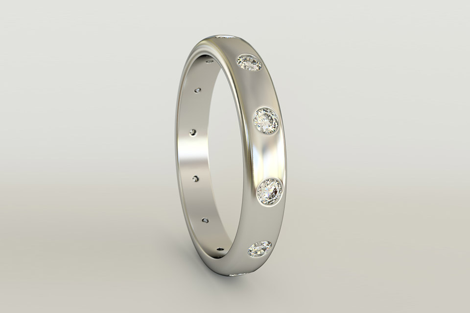 Flush (gypsy) set eternity diamond ring on white background. 3D illustration