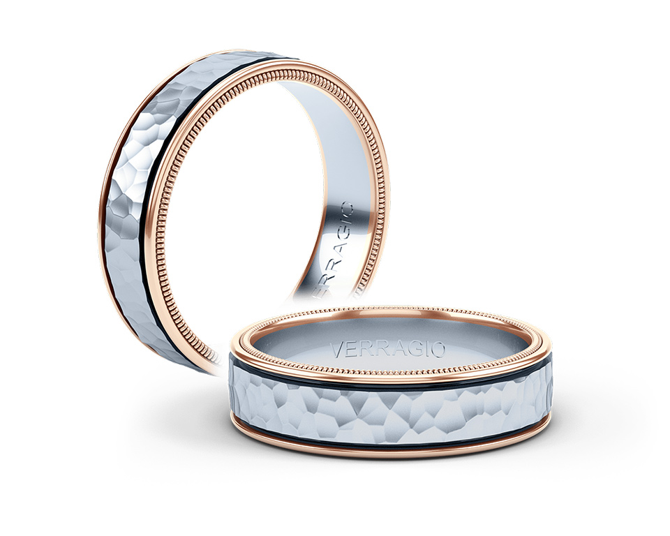 a mens wedding band with rose gold accents